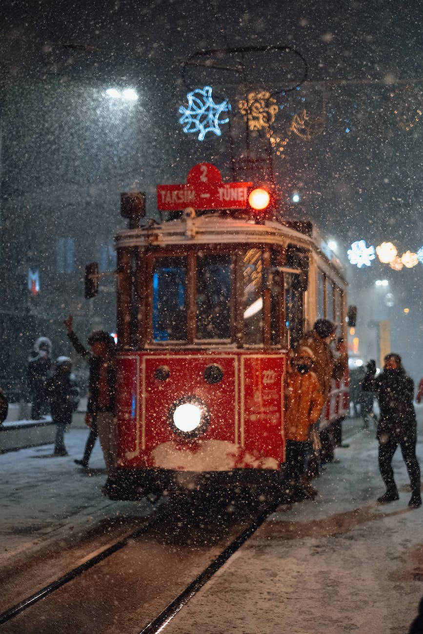 tram on taksim square in snow